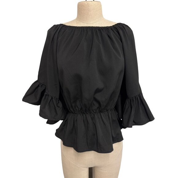 Black Off-Shoulder Peasant Blouse With Ruffled Sleeves Cute Fun Top - Picture 1 of 8